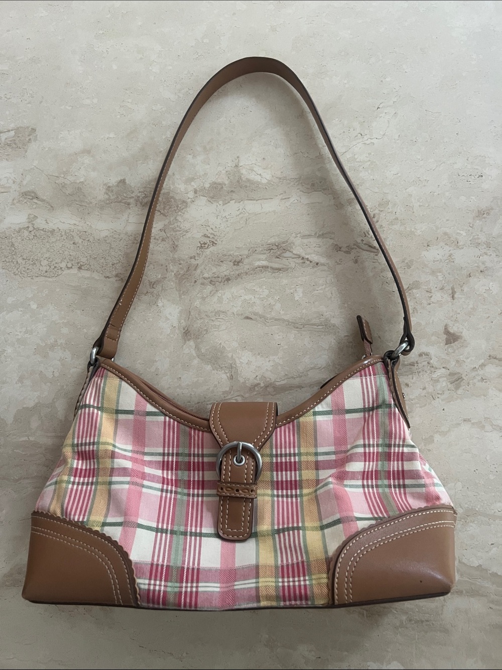 Relic by Fossil plaid shoulder bag, featuring pastel pink, yellow,& white madras